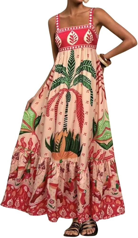 chouyatou Women's Sexy Spaghetti Strap Floral Printed Maxi Dress Back Smocked Ruffle Swing Beach ... | Amazon (US)