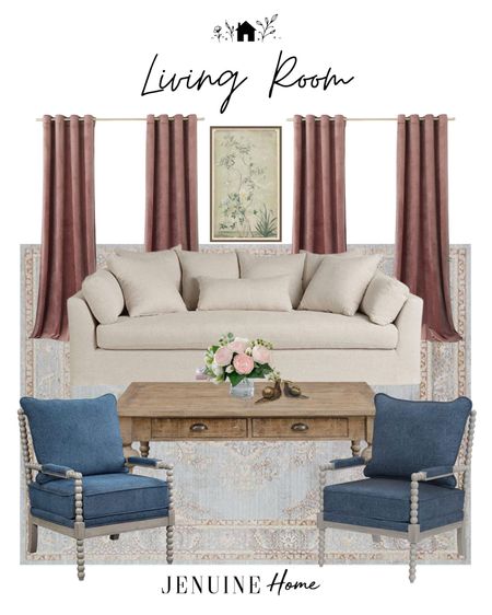 Classic living room. Pink velvet curtains. Neutral classic traditional couch. Faux flowers. Brass decor snail. Neutral traditional blue rug. Blue spindle backed chair. Light wood coffee table. Chinoiserie art. Jennuine home  Jennuinehome. 