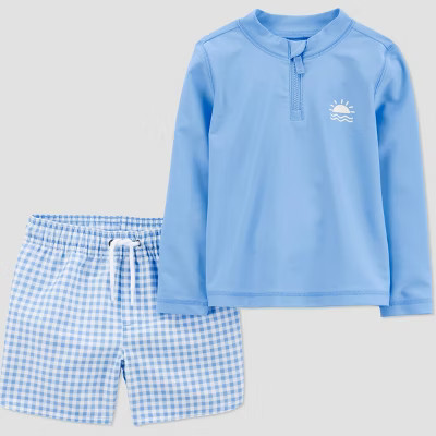 Carter's Just One You® Toddler Boys' Long Sleeve Gingham 2PC Rash Guard & Swim Trunk Set - Blue 2T | Target