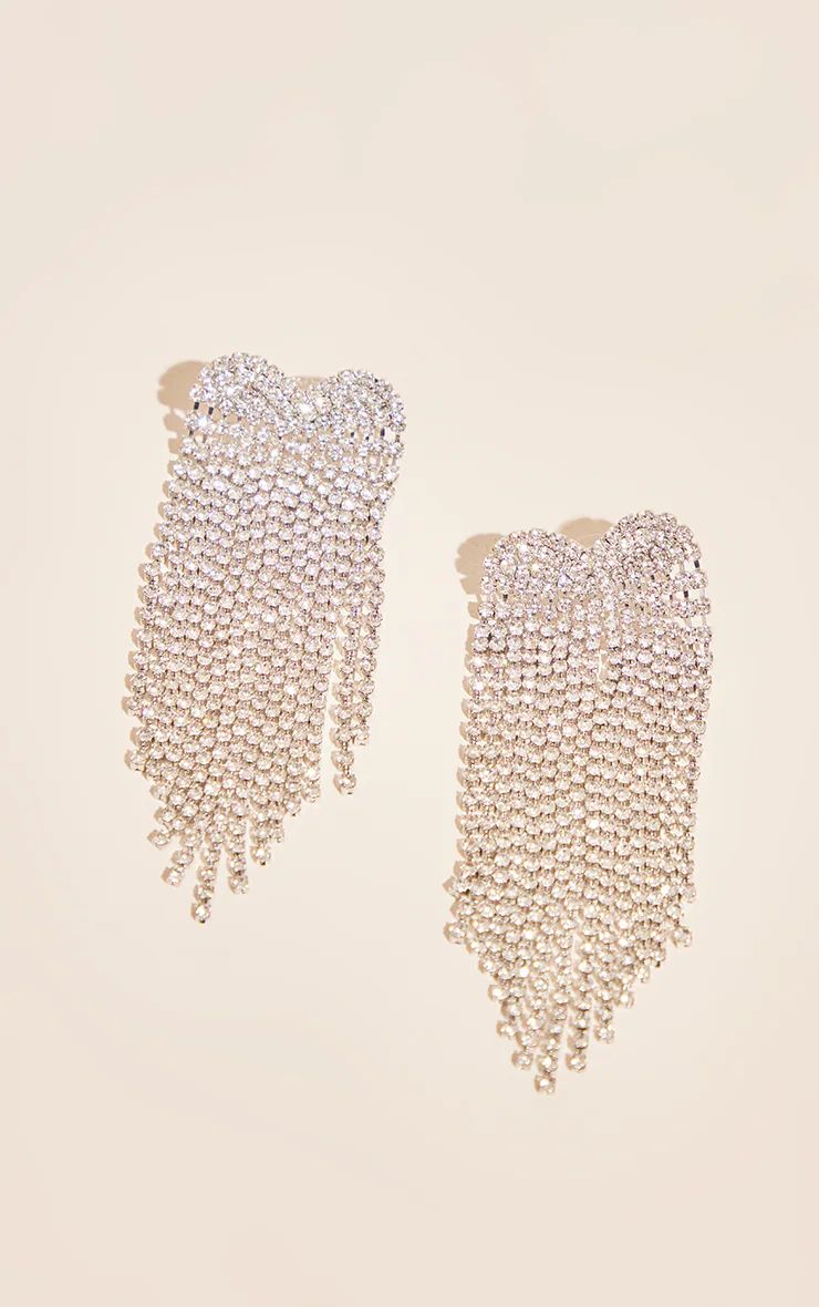 Clear Diamante Heart Tassel Statement Earrings | PrettyLittleThing US