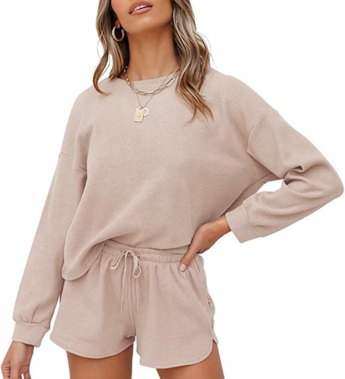 ZESICA Women's Waffle Knit Long Sleeve Top and Shorts Pullover Nightwear Lounge Pajama Set with P... | Amazon (US)