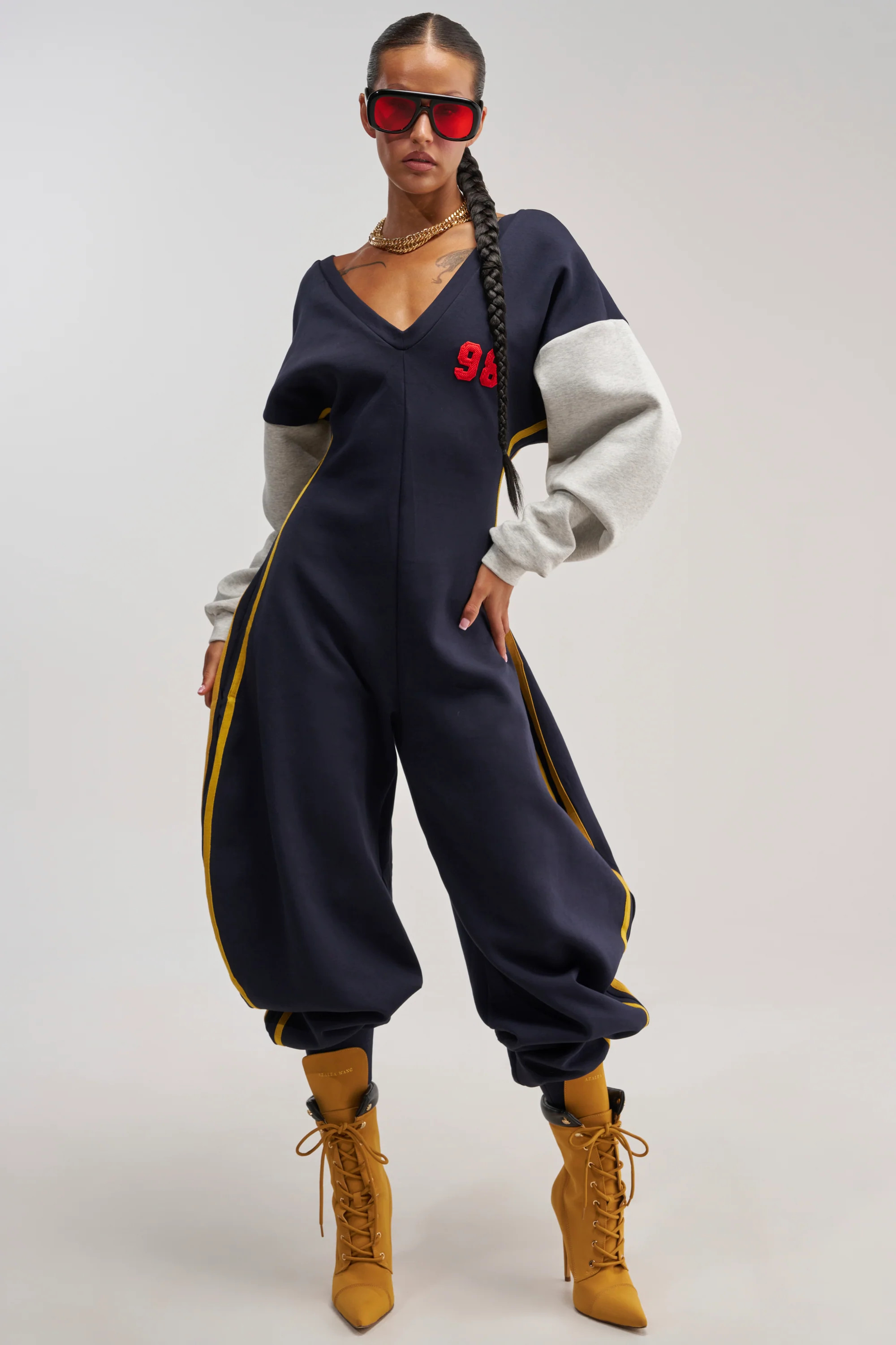 Navy Cotton Varsity Jumpsuit, Relaxed Fit | AKIRA | AKIRA