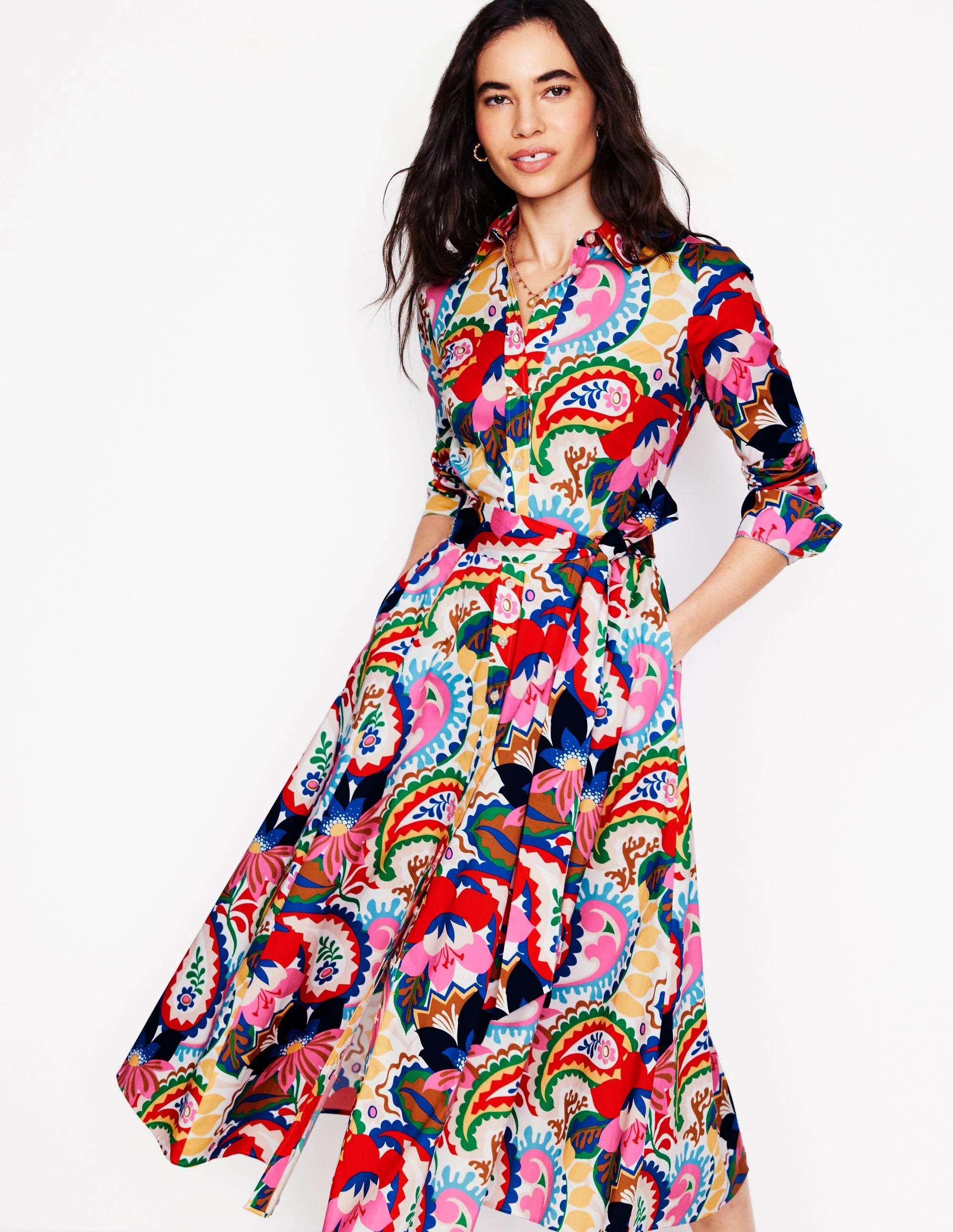 Amy Cotton Midi Shirt Dress-Ivory, Botanical Paisley | Boden (US)