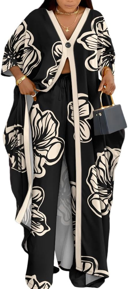 CHICME Women's 2 Piece Outfits Abstract Print Batwing Sleeve V Neck Top with High Slit and Loose ... | Amazon (US)