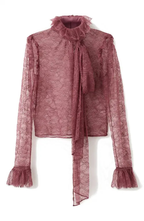 MANGO Ruffle Tie Neck Lace Top in Pink at Nordstrom, Size 6 | Nordstrom