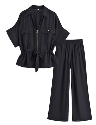 Mingzhu Women's 2 Piece Outfits Short Sleeve Zipper Drawstring Waist Safari Shirts Elastic Waist Wide Leg Pants With Pockets(0984-Black-XS) | Amazon (US)