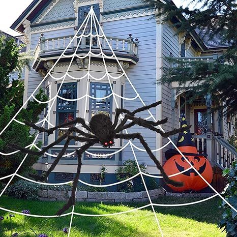Amazon.com: OCATO 200" Halloween Spider Web + 59" Giant Spider Decorations Fake Spider with Trian... | Amazon (US)