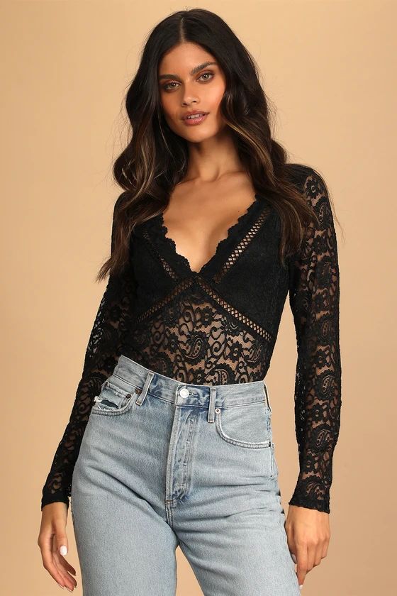 Sheer Me Out Black Lace Long Sleeve Bodysuit | Lulus (US)