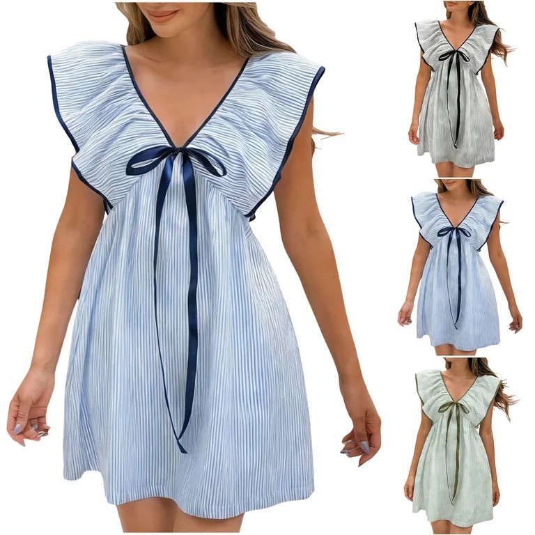 Mifsaly Summer Dresses for Women 2026 Deep V-Neck Ruffled Sleeve Striped Mini Dress Tie Front Goi... | Walmart (US)