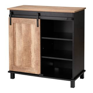 Glitzhome 32.30 in. H Modern Industrial Black Wine Cabinet with Natural Top and Sliding Door-2008... | The Home Depot