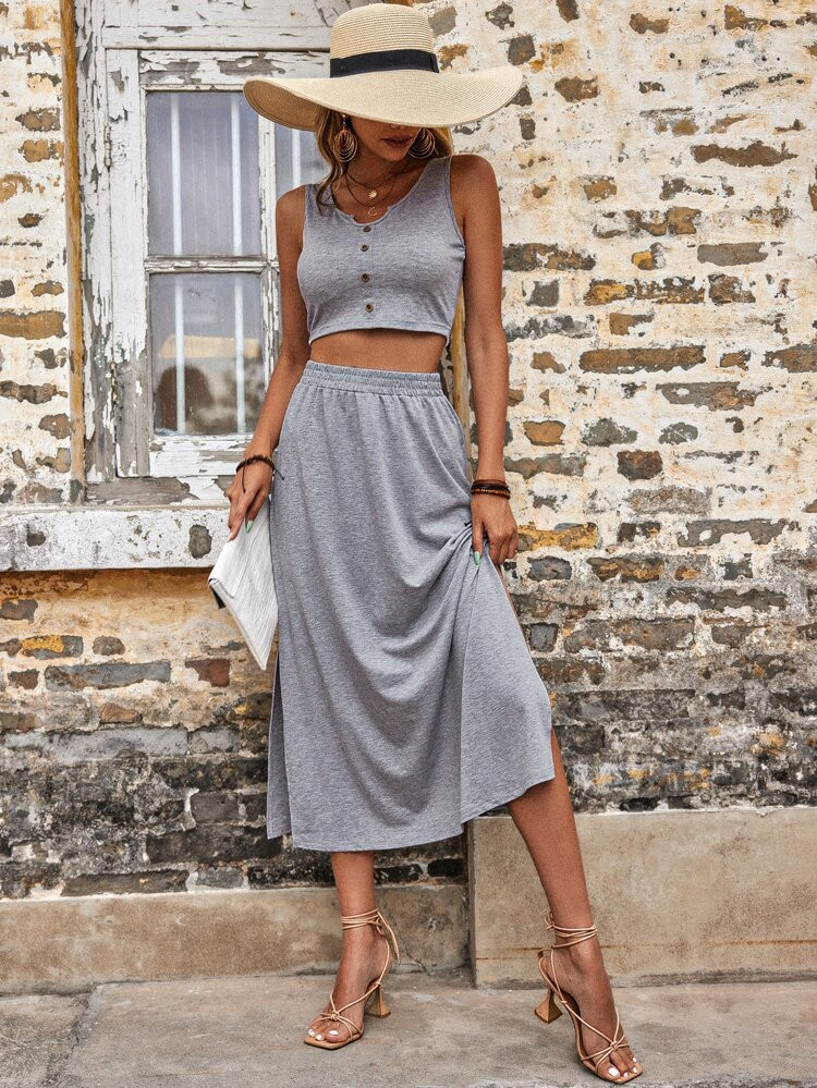 Fake Button Front Tank Top & Split Hem Skirt | SHEIN