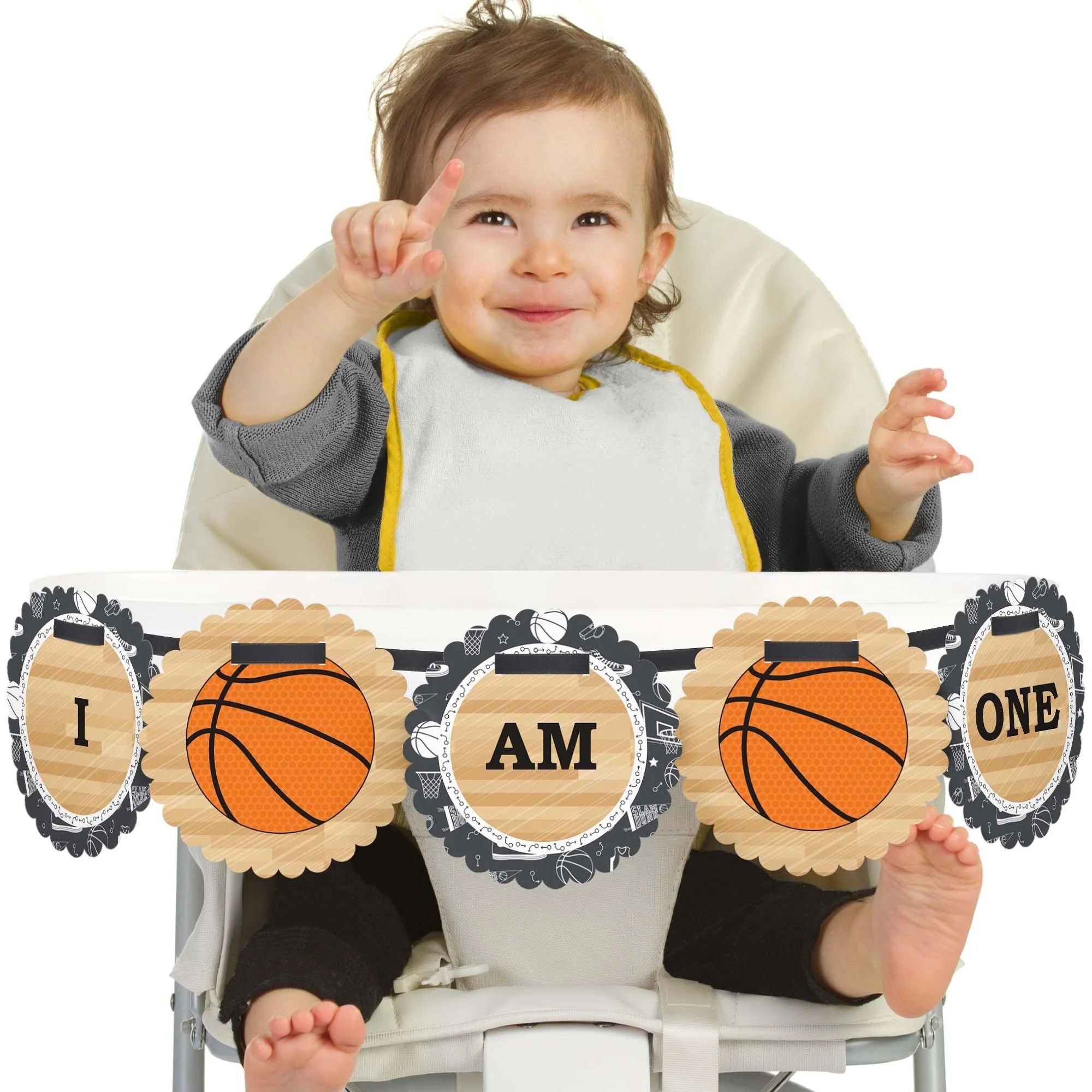 Nothin' But Net - Basketball 1st Birthday - I am One - First Birthday High Chair Banner | Big Dot of Happiness
