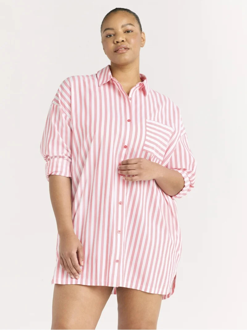 Joyspun Women’s Woven Long Sleeve Button Front Sleepshirt, Sizes XS-3X | Walmart (US)