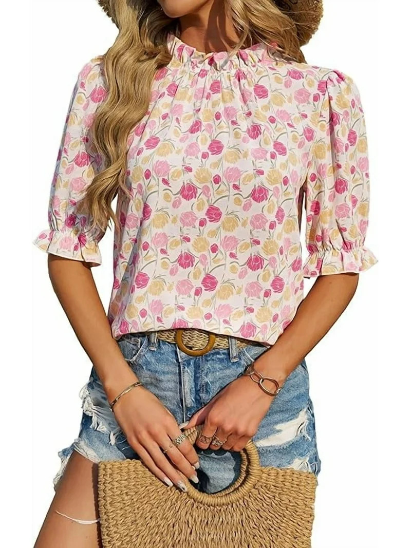 FreshPretty Women's Summer Boho Shirt Top Ruffle Short Sleeve Frill Trim Mock Neck Floral Solid C... | Walmart (US)