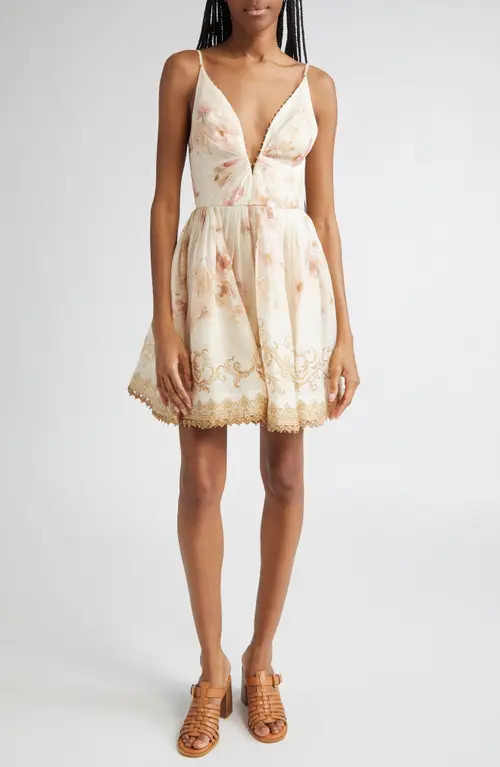 Zimmermann Hypnotic Plunge Neck Linen & Silk Minidress in Cream Peony at Nordstrom, Size 0P | Nordstrom