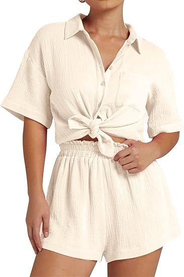 Women 2 Piece Linen Set for Women Outfits Pajamas Short Cotton Linen Soft Matching Short Sets Two... | Amazon (US)