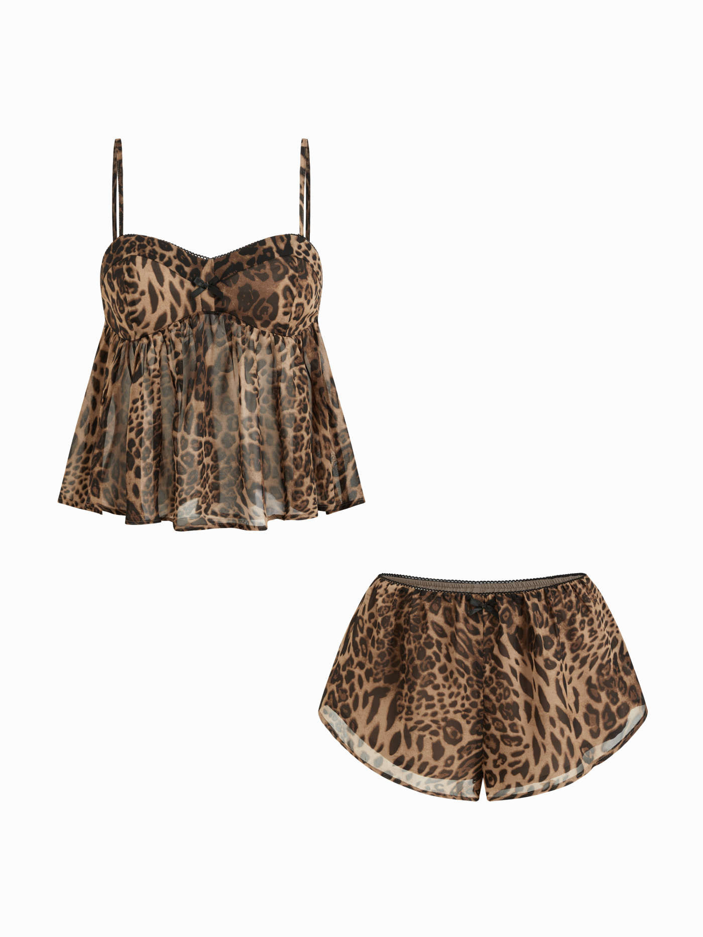 Chiffon Sweetheart Neckline Leopard Bowknot Cami Top & Low Rise Shorts Loungewear Set For Home Be... | Cider