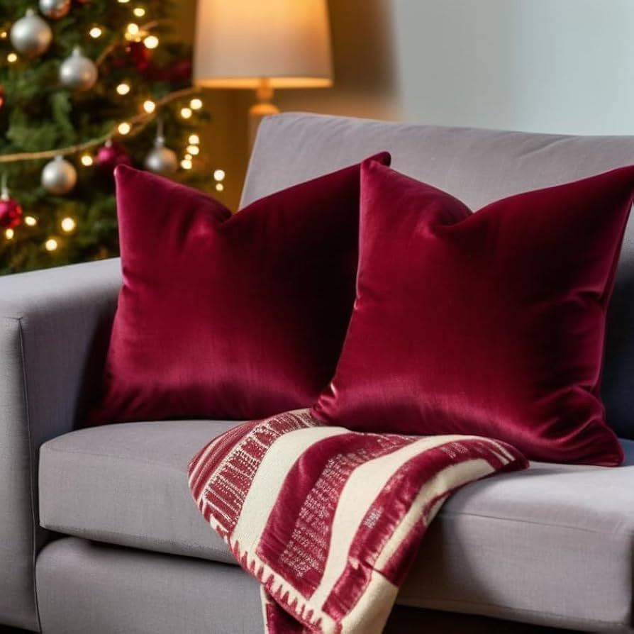 Christmas Red Velvet Pillow Covers 20x20 Inch Set of 2 - Soft Solid Cushion Covers for Bedroom So... | Amazon (US)