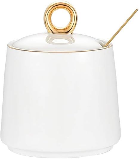 LIONWEI LIONWELI White Sugar Bowl Dispenser Salt Container Ceramic Sugar Bowl with Lid and Spoon ... | Amazon (US)