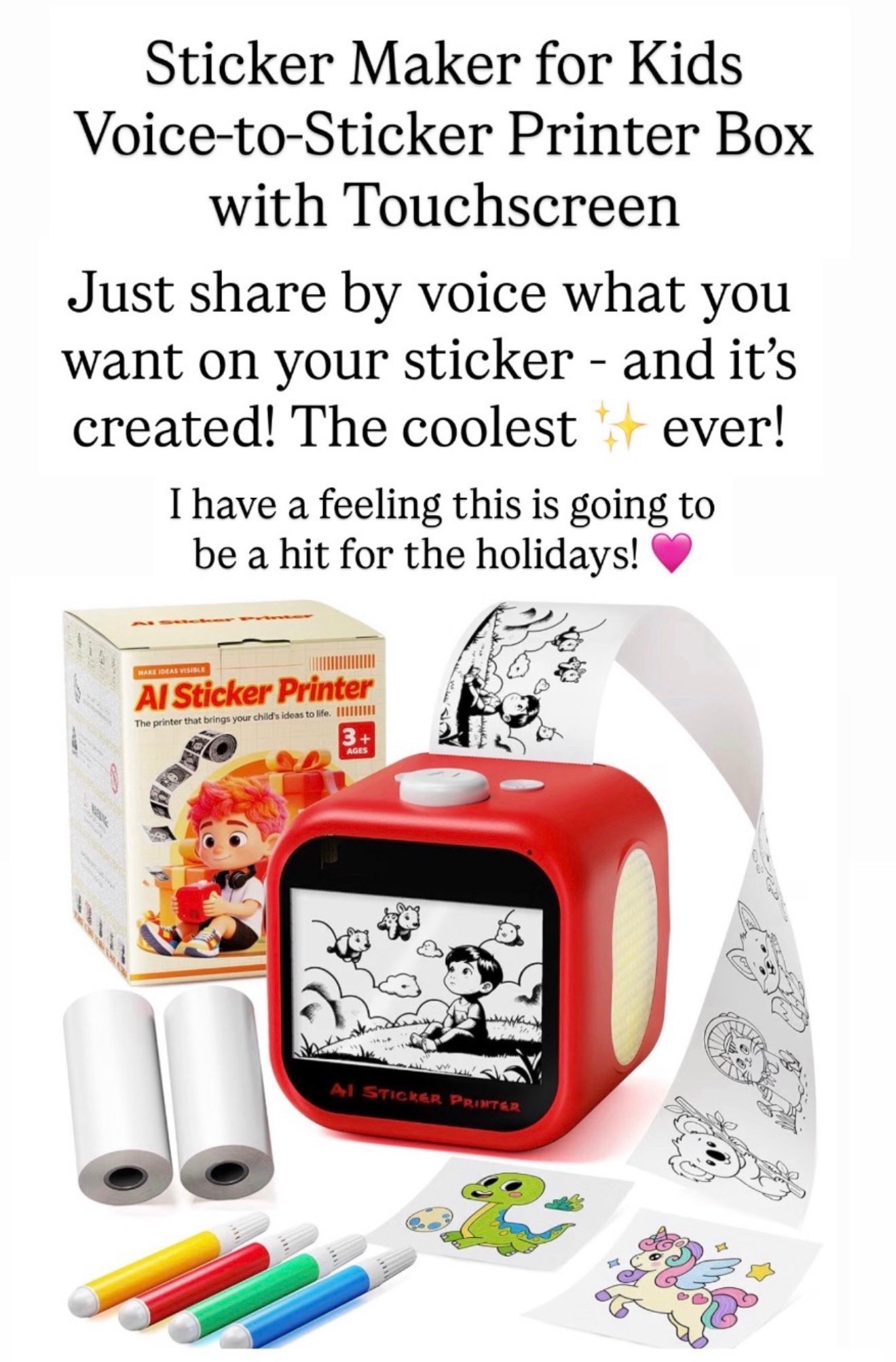 AI STICKER MAKER. IT IS SO COOL. VOICE TO STICKER PRINTER. I HAVE A FEELING THIS ONE’S GONNA BE QUITE POPULAR FOR THE HOLIDAY.