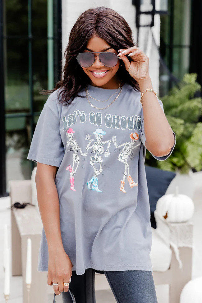 Lets Go Ghouls Skeletons Grey Graphic Tee | Pink Lily