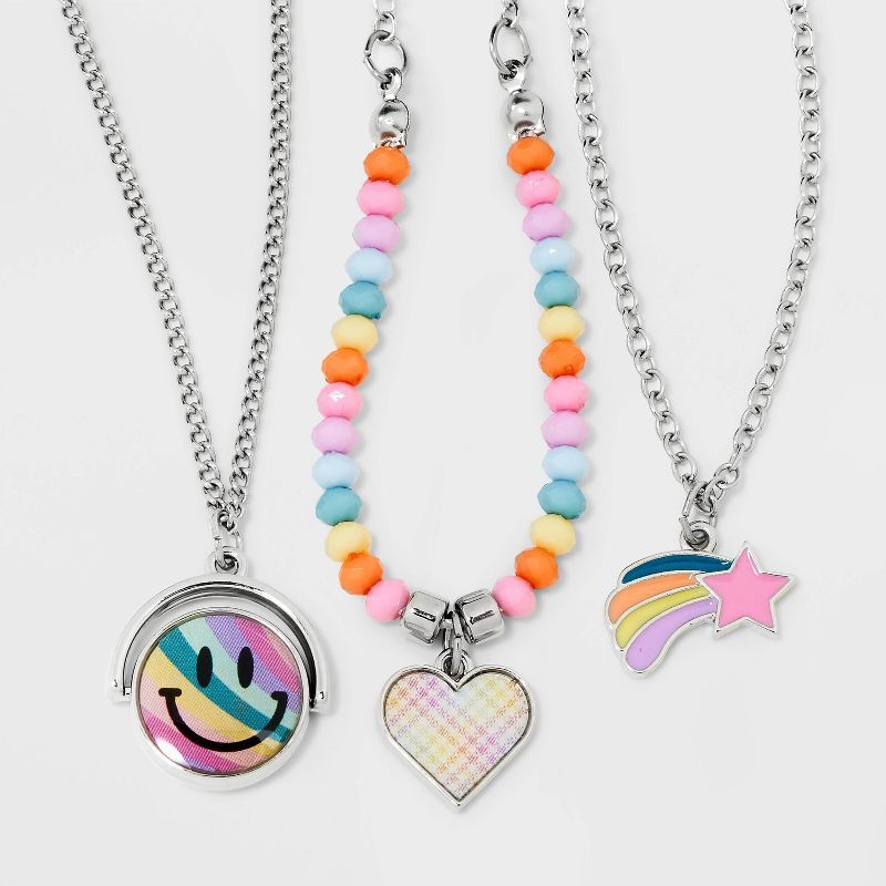 Girls' 3pk Layered Necklace Set with Spinner Smiley Pendant - Cat & Jack™ | Target