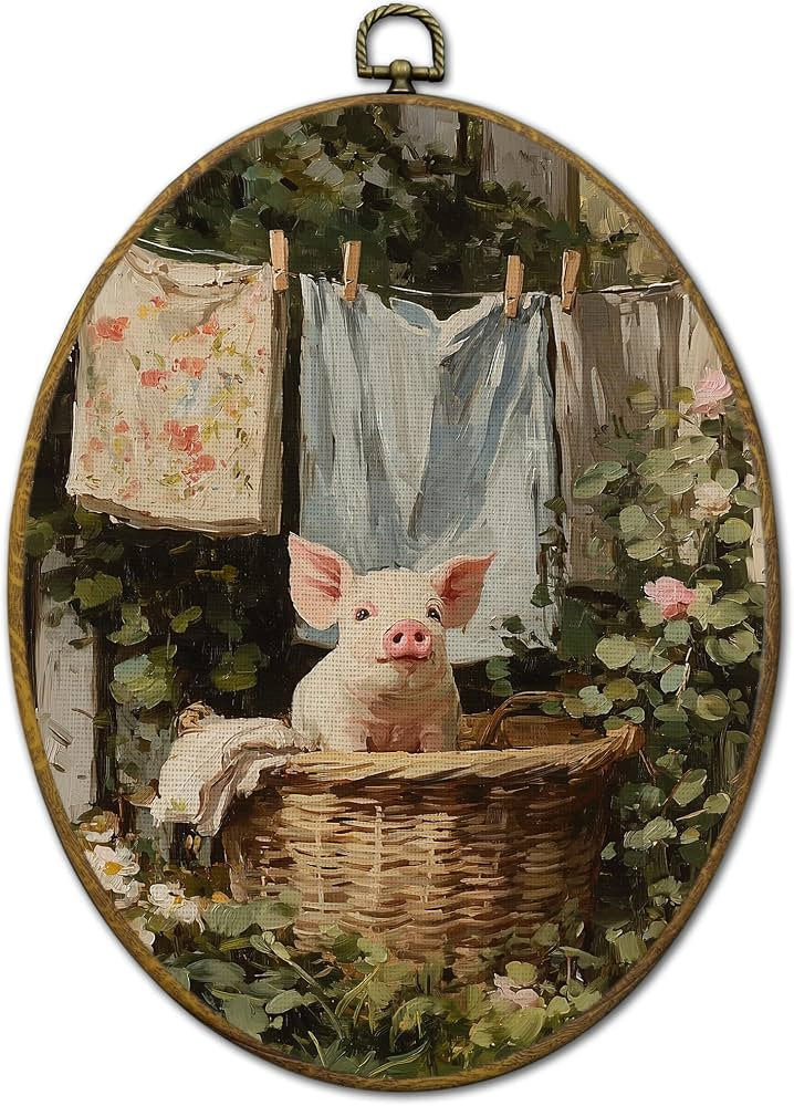 QZQE Farmhouse Laundry Room Pig Oval Wall Art Decor Framed, Rustic Country Laundry Day Oval Canva... | Amazon (US)