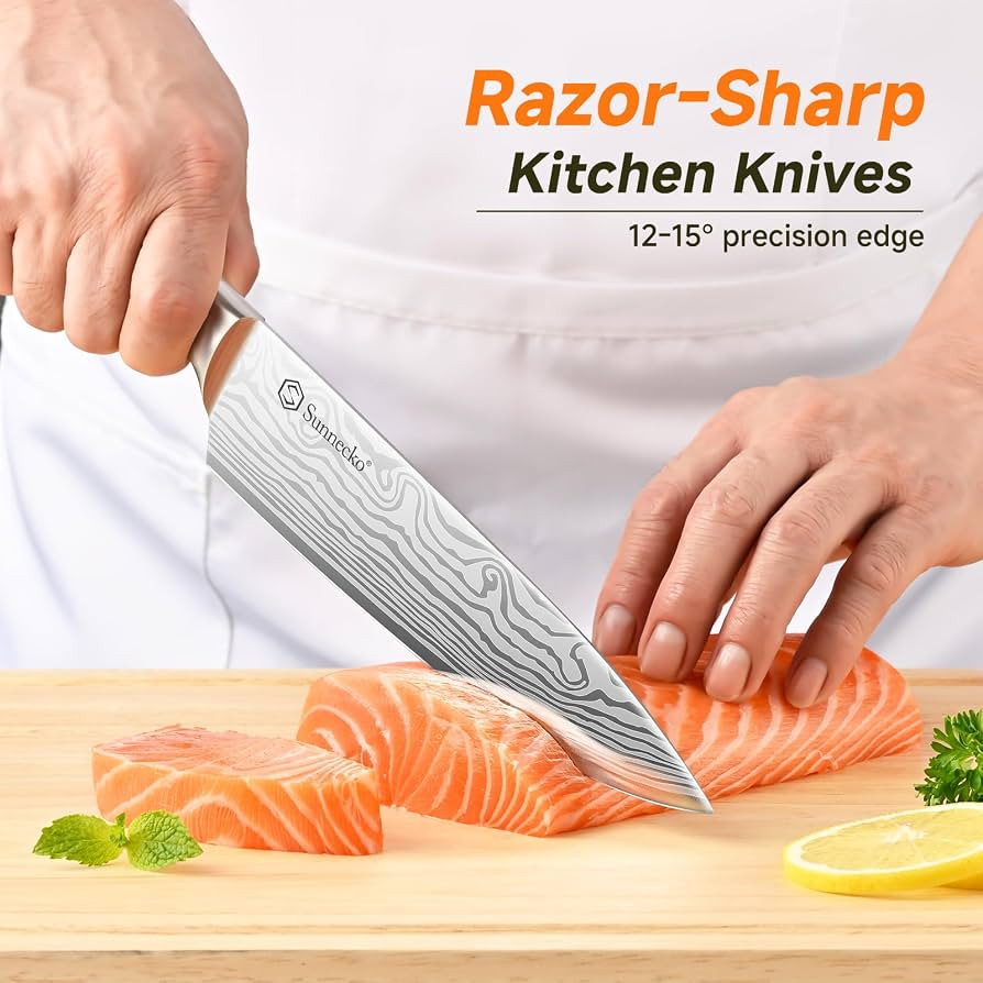 Sunnecko 15-Piece Kitchen Knife Set with Block and Sharpener, White Handle | Amazon (US)