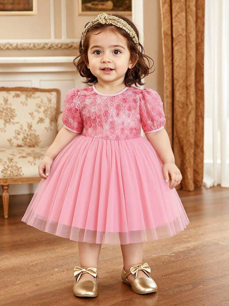 Glamorique Kids Baby Girl Flower Bridesmaid Dress, Wedding, Flower Girl ,Elegant,3D Rose,Birthday Party,Suitable For Formal Occasions, | SHEIN