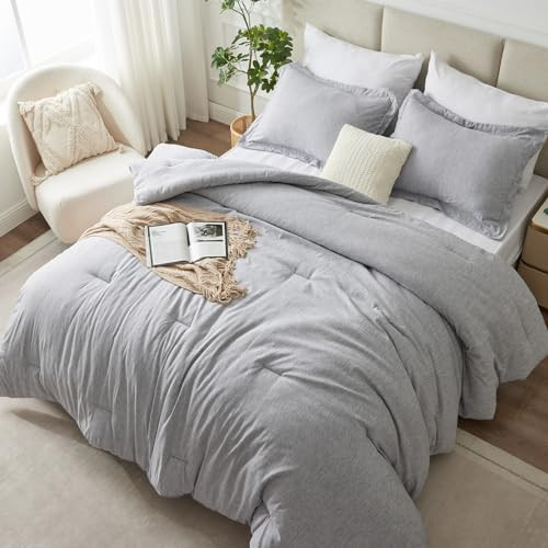 CozyLux Full Size Comforter Set - 3 Pieces Light Grey Soft Luxury Cationic Dyeing Bedding Comforter for All Season, Light Gray Breathable Lightweight Fluffy Bed Set with 1 Comforter and 2 Pillow Shams | Amazon (US)