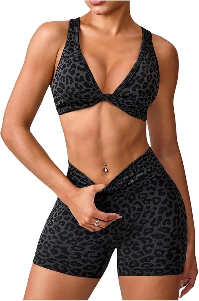 Women's 2 Piece Leopard Print Athletic Outfits Criss Cross Sports Bra and Biker Shorts Gym Tracks... | Amazon (US)