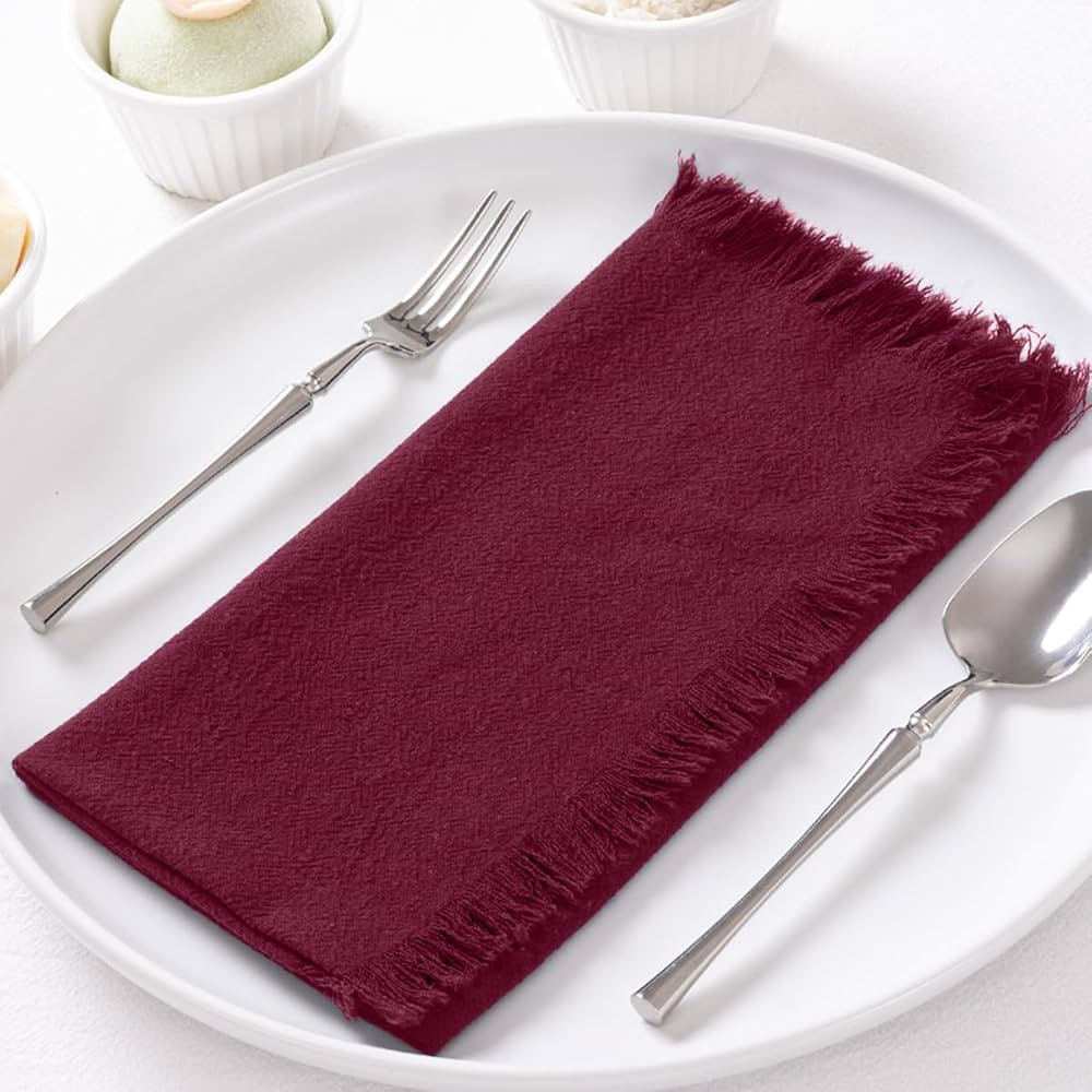 6 Pack Burgundy Red Cotton Linen Napkins with Fringe Christmas Napkins Cloth Set of 6 Boho Handma... | Amazon (US)