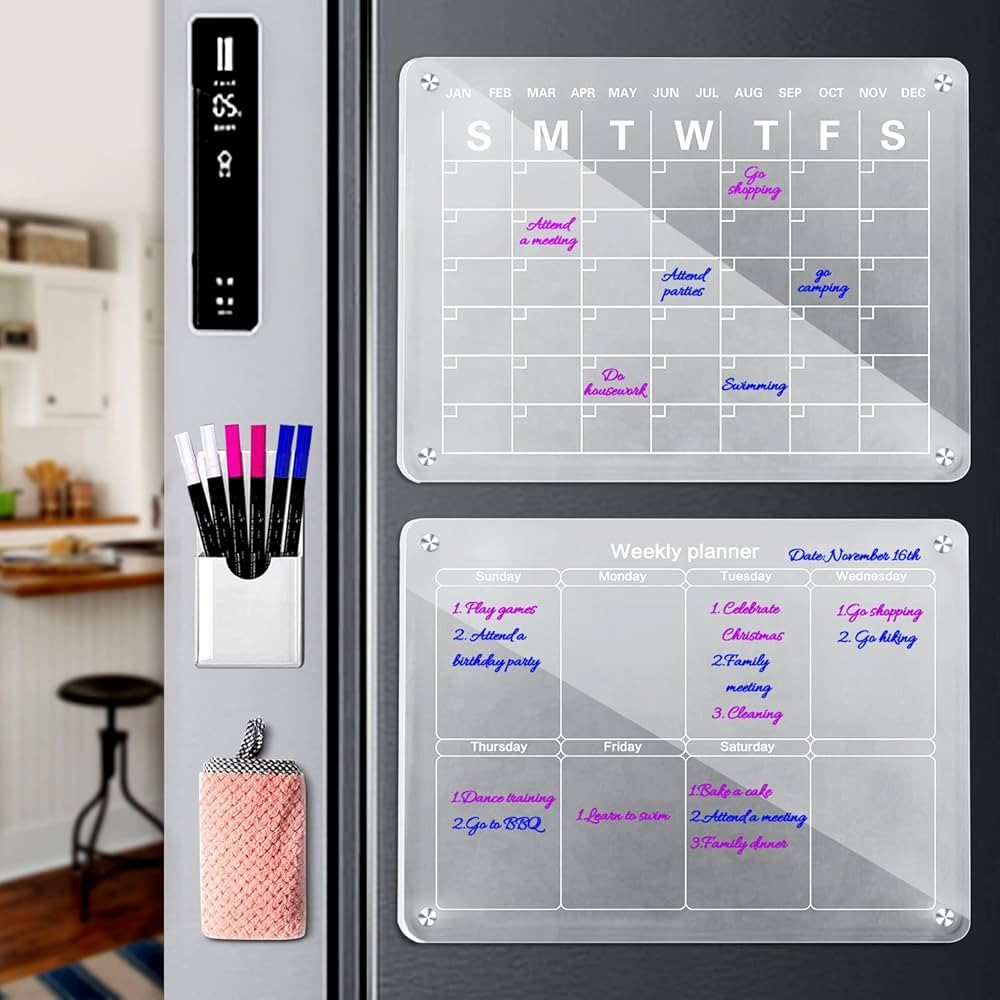 Magnetic Acrylic Calendar for Fridge, 2 Pcs Clear Dry Erase Board of Monthly & Weekly Calendar fo... | Amazon (US)