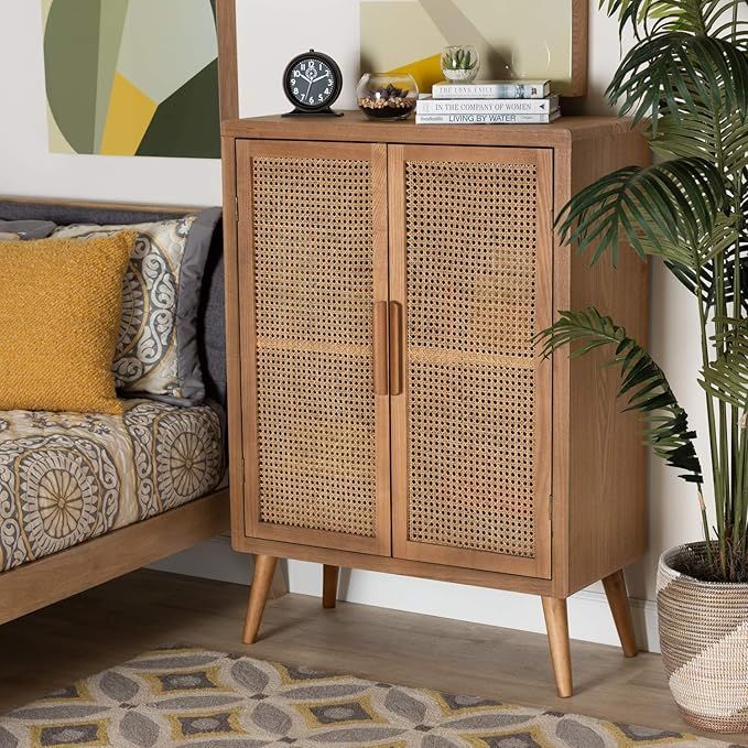 Baxton Studio Alina Mid-Century Modern Medium Oak Finished Wood and Rattan 2-Door Accent Storage ... | Amazon (US)