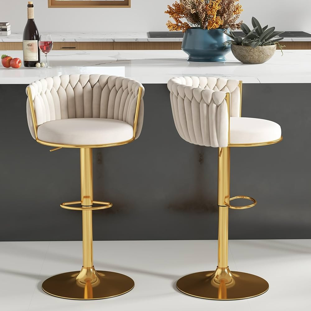 ABET Gold Bar Stool Set of 2, Velvet Swivel Barstools, Height Adjustable Counter Stools with Wove... | Amazon (US)