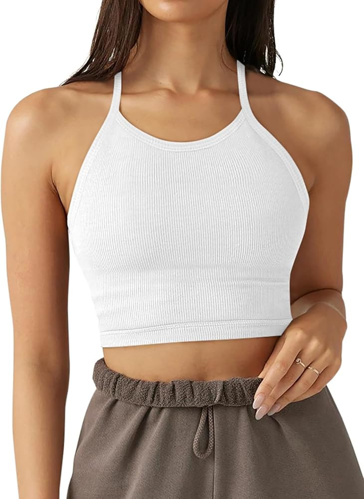 LASLULU Sports Bra for Women Crop Tops Racer Back Tank Tops Longline Workout Yoga Bra Halter Neck... | Amazon (US)