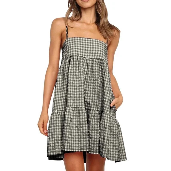 Vetsdori Womens Sleeveless Mini Dresses Beach Sundress Slip Dress Casual Tank,Summer Plaid Pleate... | Walmart (US)