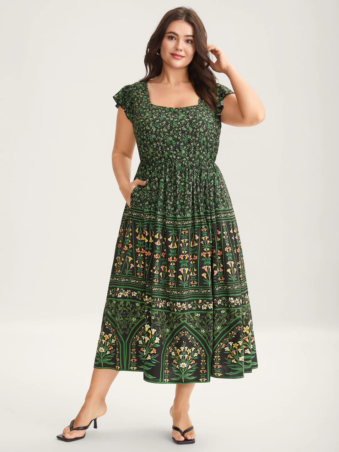 Rayon Garden Fresh Ruffled Sleeve Midi Dress | Bloomchic