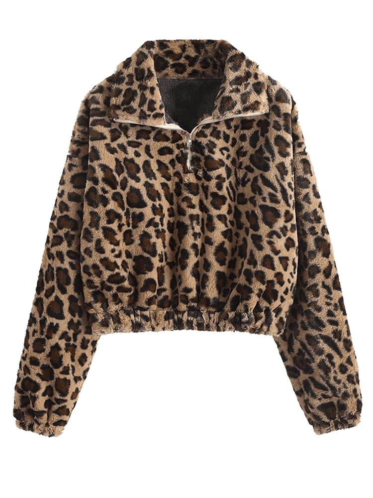 ZAFUL Women's Fashion Long Sleeve Lapel Half Zip Plain Faux Fur Sweatshirt Solid Color Crop Pullo... | Amazon (US)