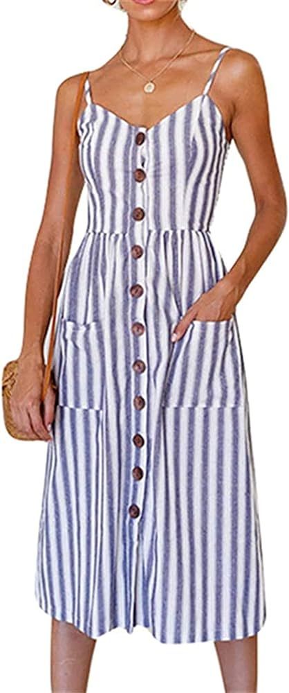 Women Summer Casual Dresses Floral Swing Midi Beach Dresses Striped Strap | Amazon (US)