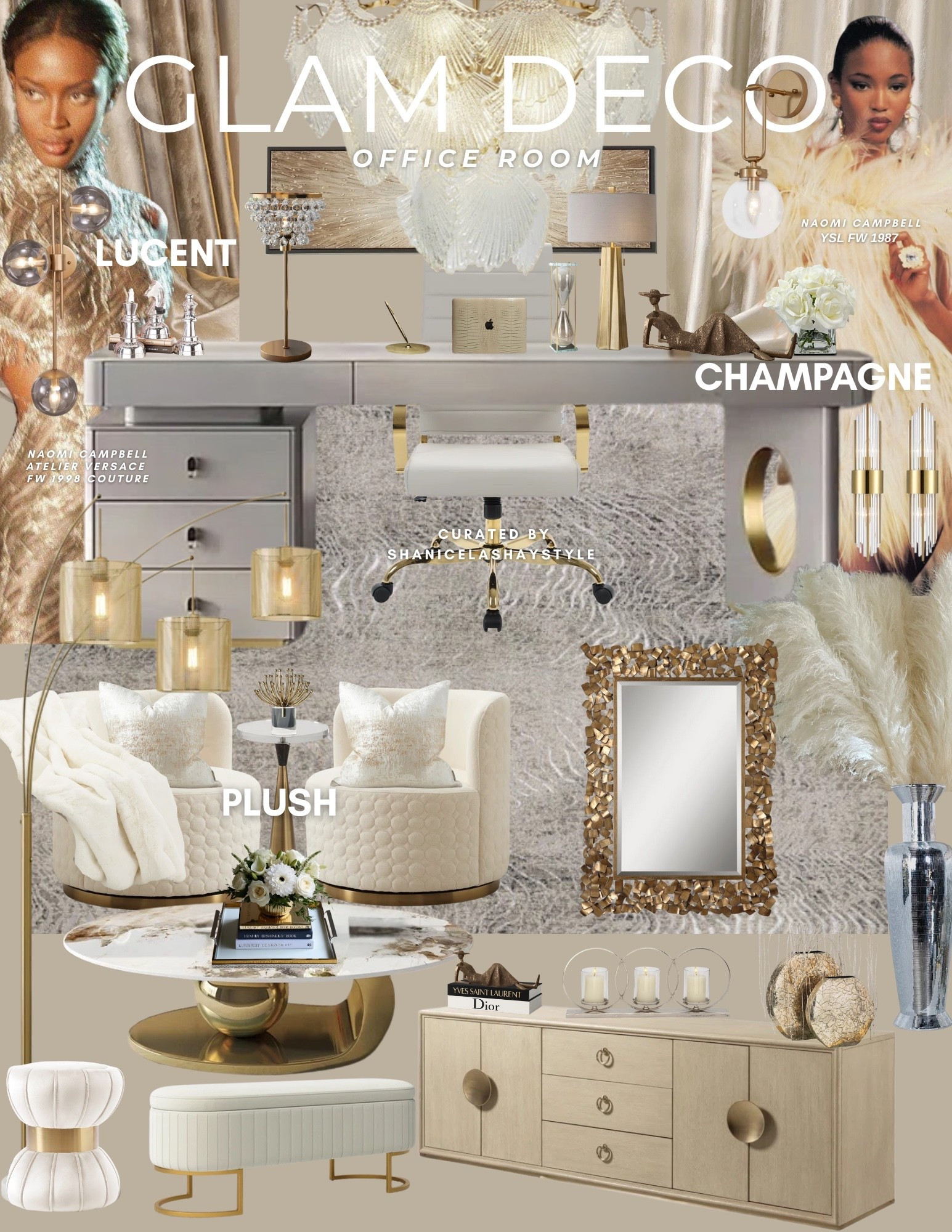Where quiet luxury meets bold creativity. ✨💻This glam office design is part of my Runway to Interior series, inspired by Naomi Campbell’s iconic looks from Atelier Versace F/W ‘98 Couture and YSL F/W ‘87. The sculptural silhouettes, fur, and opulence from those moments shaped this space—elevated, feminine, and full of intention.

With plush layers, lucent textures, and a soft champagne palette, it’s giving confidence, creativity, and quiet luxury. Tap to shop the pieces that bring this couture-inspired office to life.

#fashiontohome #quietluxurydecor #glamoffice #naomicampbellstyle #runwaytointerior #luxuryworkspace #softfeminineaesthetic #elevatedinteriors #homeofficedesign

#LTKHome #LTKStyleTip