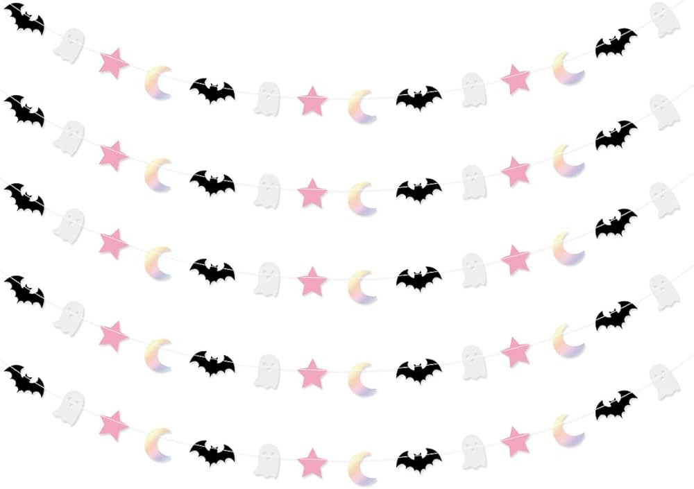 5 Pcs Halloween Moon Bat Ghost Star Garland Pink Black Halloween Garland for Pink and Black Kids'... | Amazon (US)