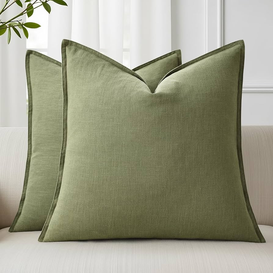 decorUhome Spring Decorative Linen Throw Pillow Covers 18x18 Inch Set of 2 Olive Green Pillow Cov... | Amazon (US)