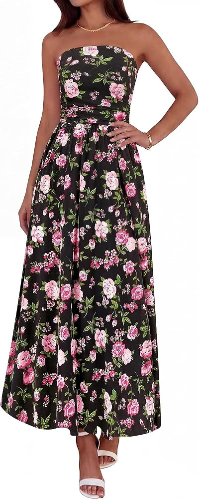 BTFBM Summer Maxi Dresses for Women 2026 Strapless Tube Top Floral Spring Wedding Guest Dress Bea... | Amazon (US)