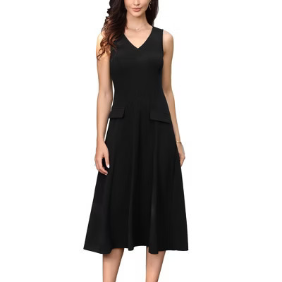 INSPIRE CHIC Women's Business Office V Neck Sleeveless Faux Pockets A-Line Midi Dresses X-Large Black | Target