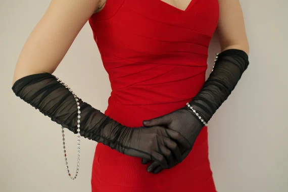 Donatella Chandelier Ruched Long Gloves  Black Sheer Ruffled | Etsy | Etsy (US)