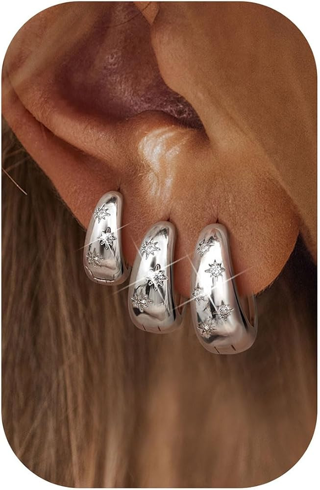 14K Gold Plated Hoop Earrings Set for Women - 3Pairs Chunky 14K Gold Plated Silver Huggie Earring... | Amazon (US)