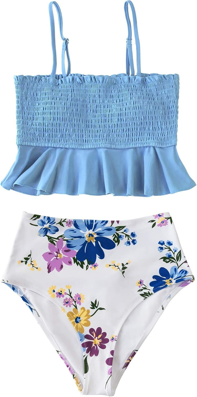 CUPSHE Women's High Waist Bikini Swimsuit Ruffle Smock Floral Print Two Piece Bathing Suit | Amazon (US)