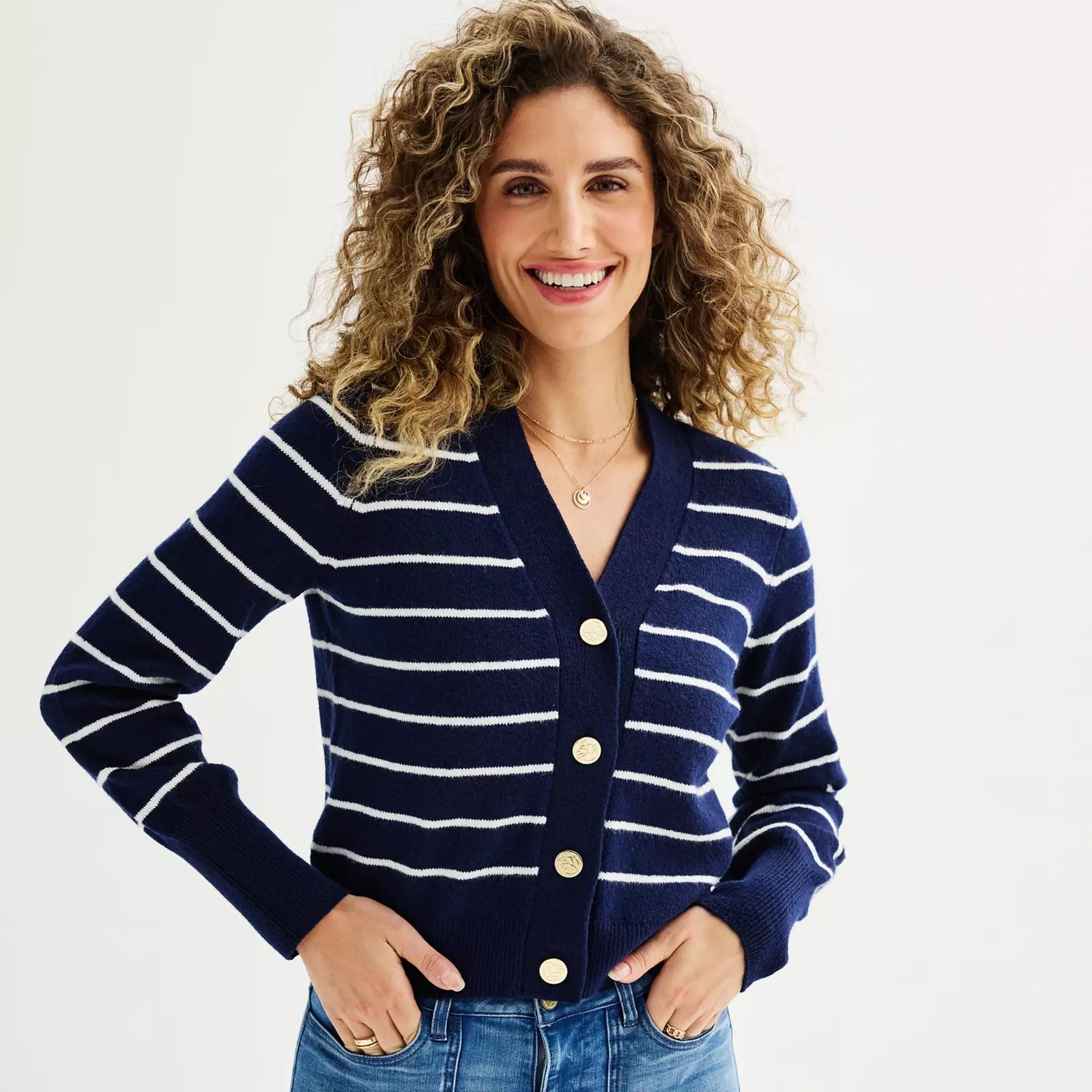 Women's Draper James Varsity Cardigan, Size: XXL, Navy Ivory Stripe | Kohl's