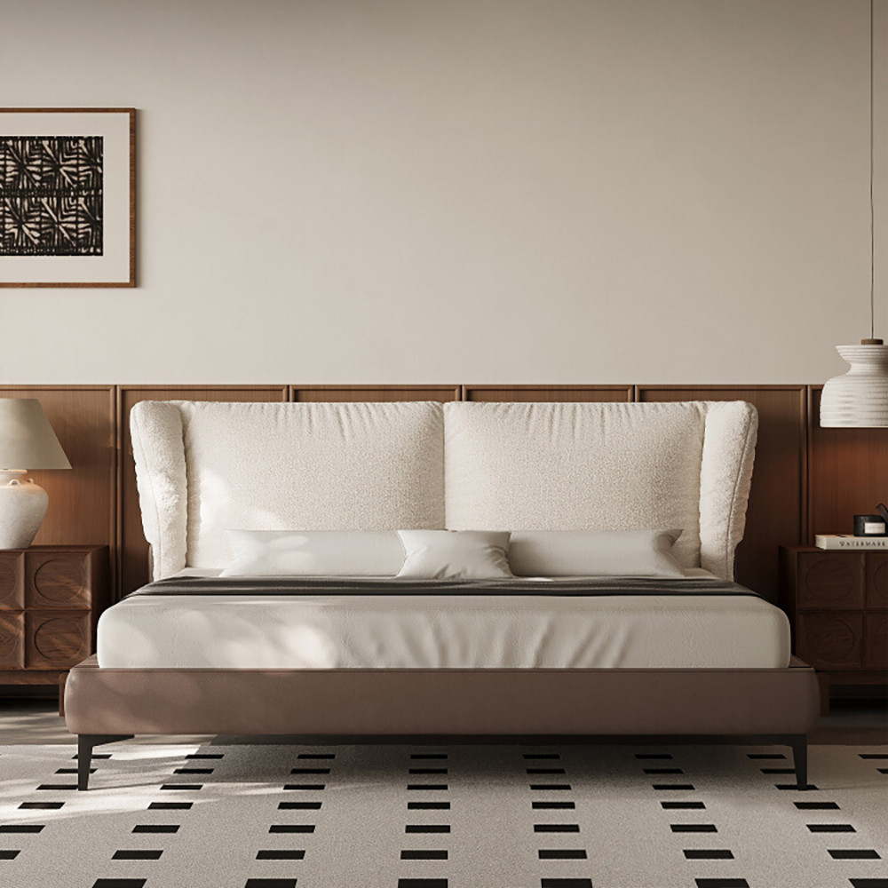 King Size Boucle & Leather Upholstered Modern White & Brown Platform Bed with Pillow Headboard | Homary